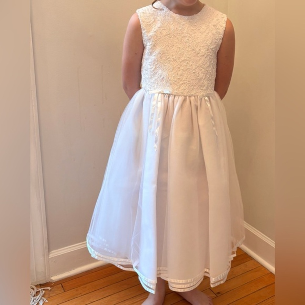 Holy Communion Dress Beaded with full Tulle Skirt  | L (10/12) | EUC | White